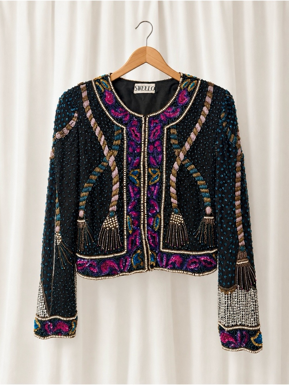Vintage 80s SweeLo Silk Beaded Sequin Cropped Jacket Tassel Embellished Size S